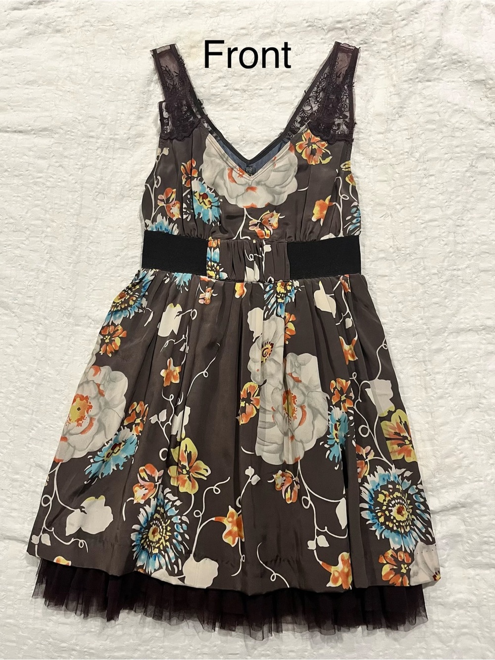 Free People Brown Floral Lace V-Neck Formal Dress with Tulle